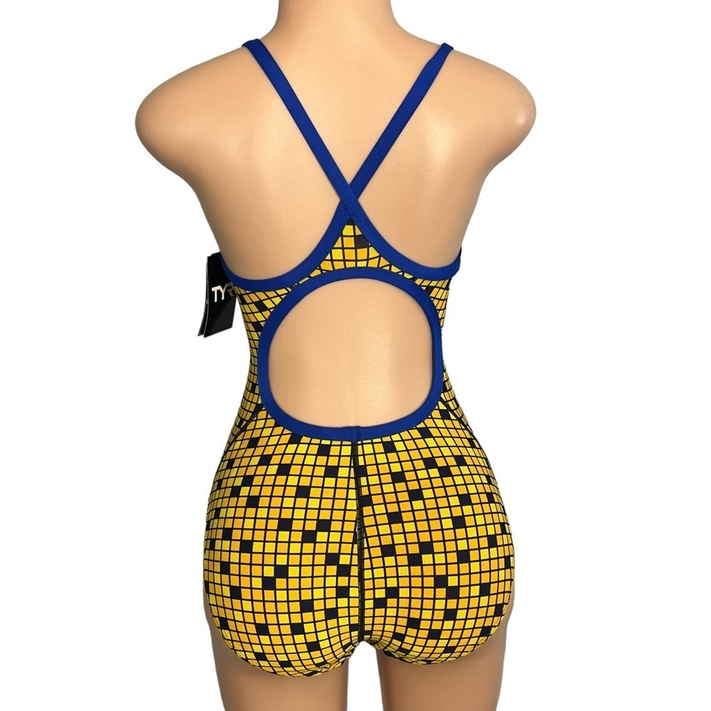 TYR Swimsuit One Piece Block Squares Yellow Black Open Back - Picture 8 of 13